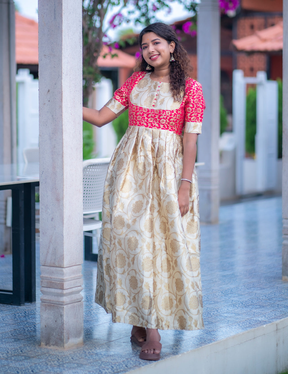 CREAM WITH RED BANARASI SHINY FULL FROCK