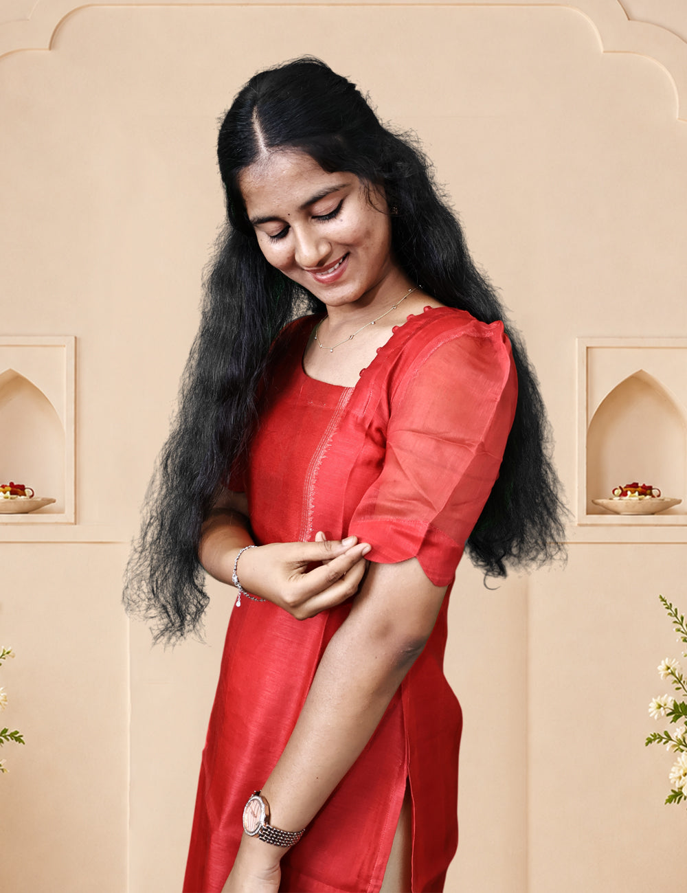 Red Deer Motif Kurti and Dupatta Set