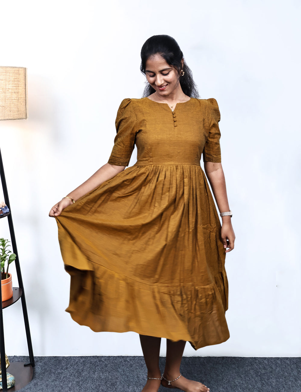 Mustard Cotton with Lurex Pinstripe Maxi Dress