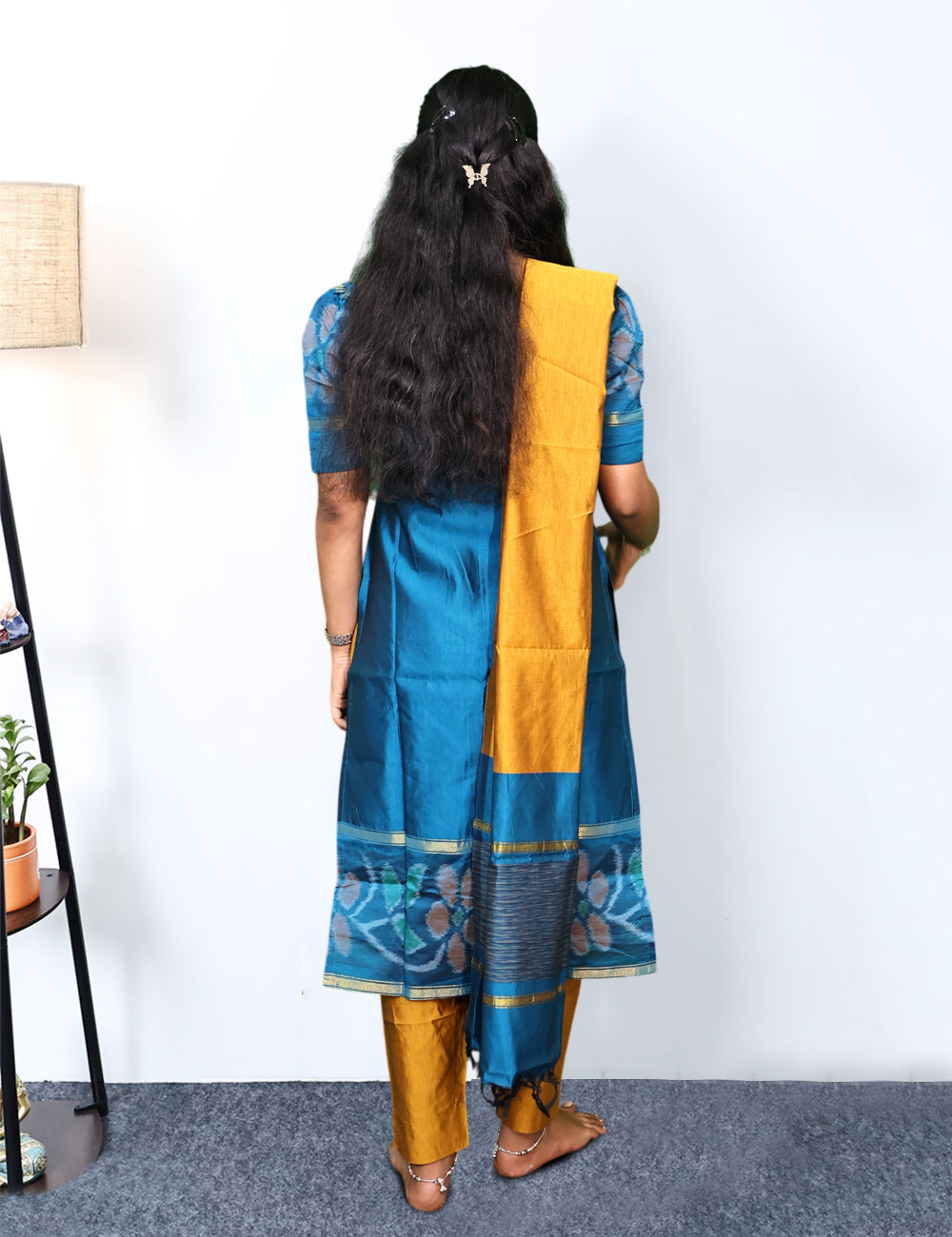 Teal blue Pochampally Siko Silk 3-Piece Kurti Set