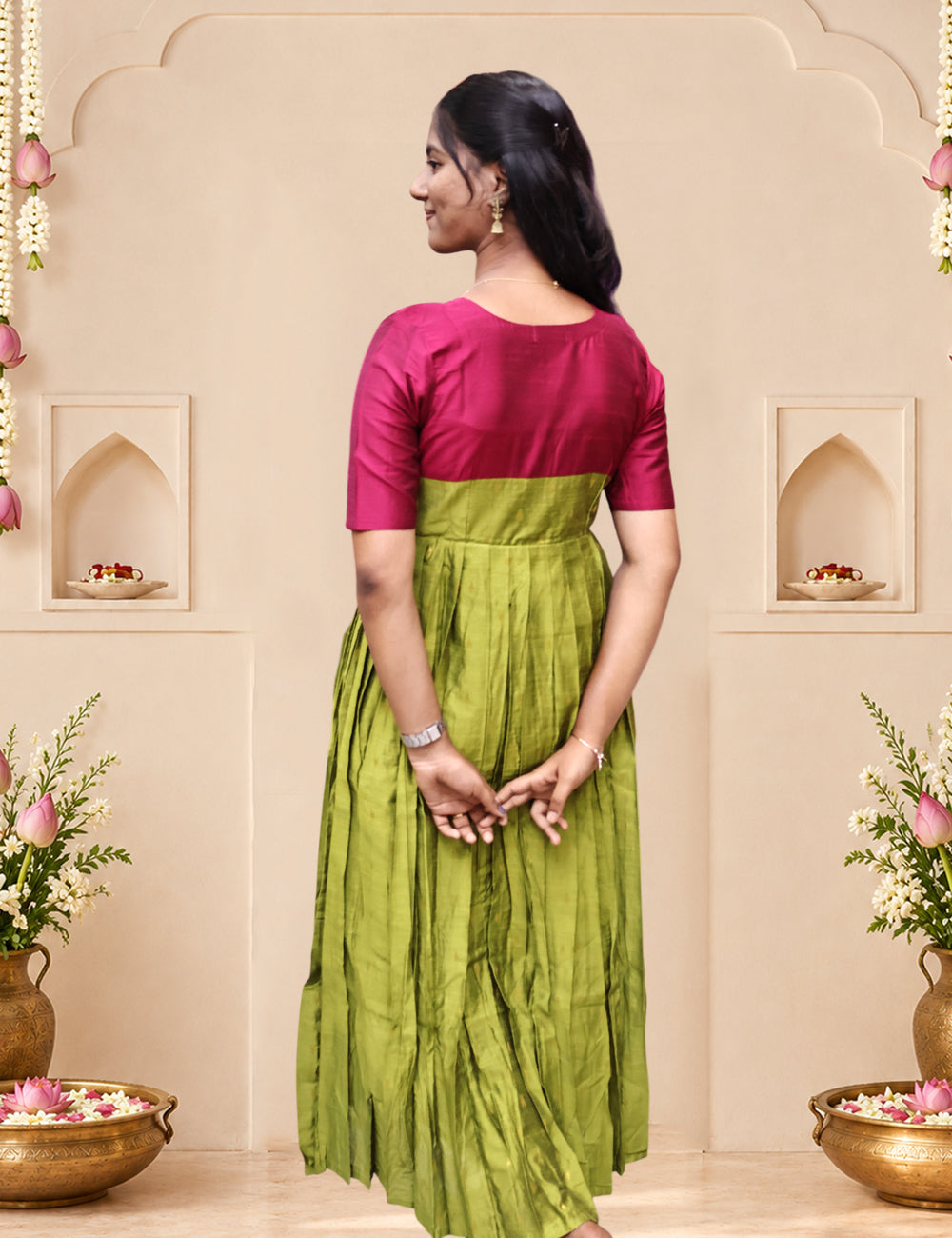 Leaf Green & Magenta Raw Silk Festive Frock