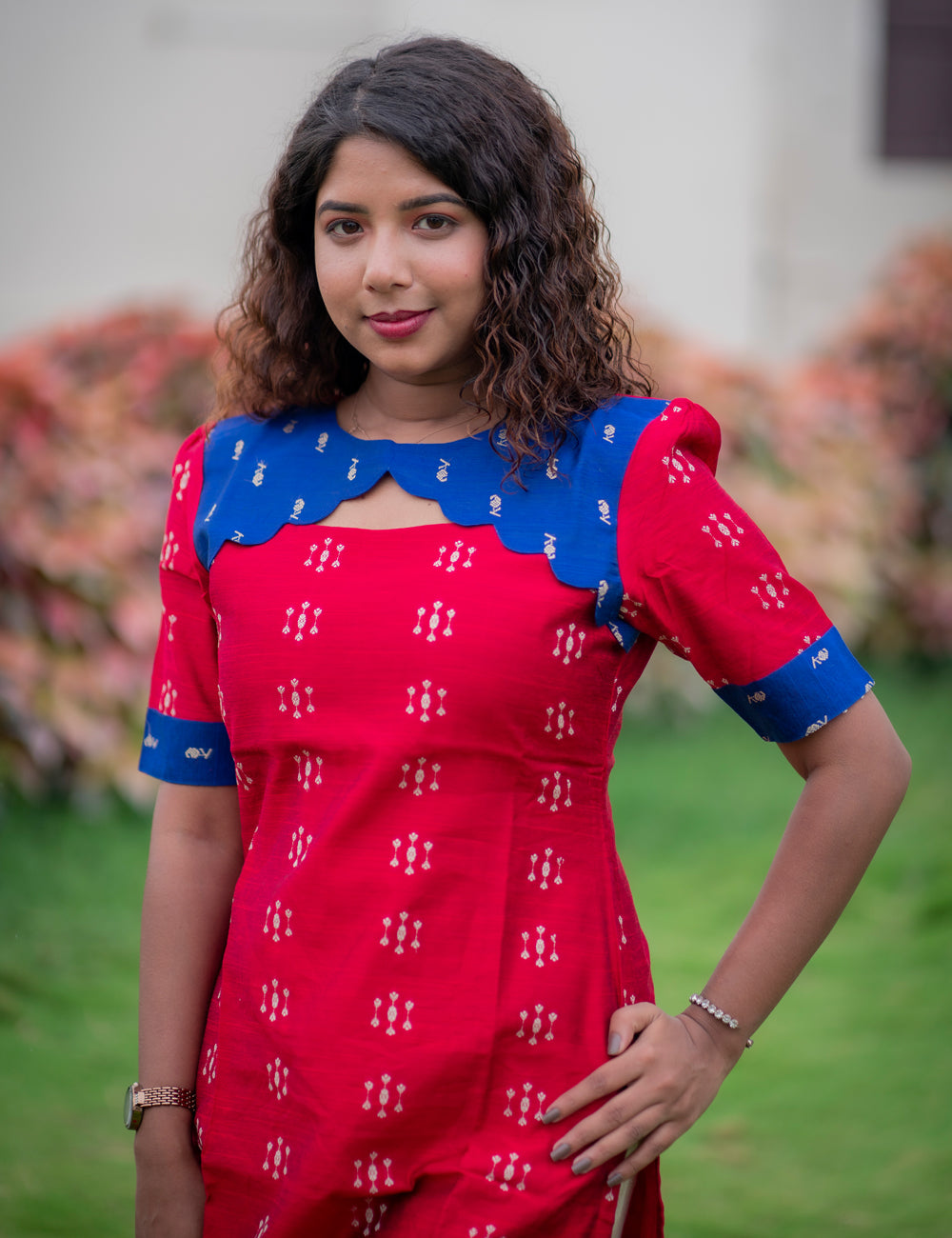 CRIMSON RED WITH ROYAL BLUE RAWSILK LAASYA KURTI SET 2PC