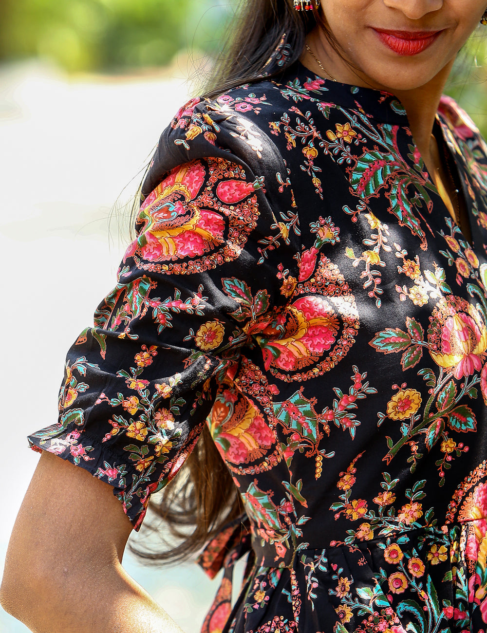 Black Nishika Floral Cotton Maxi Dress for Women