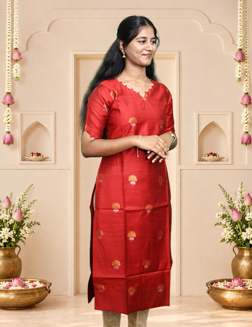 Red Raw Silk Kurti Set with Madhubani Printed Dupatta