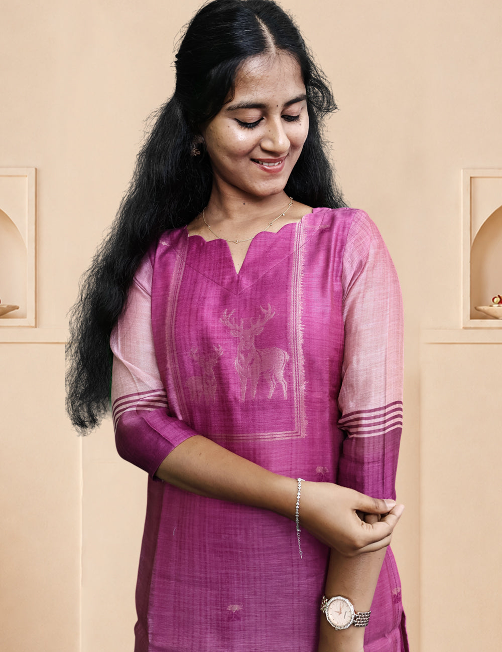 Mauve Deer Motif Kurti & Dupatta Set