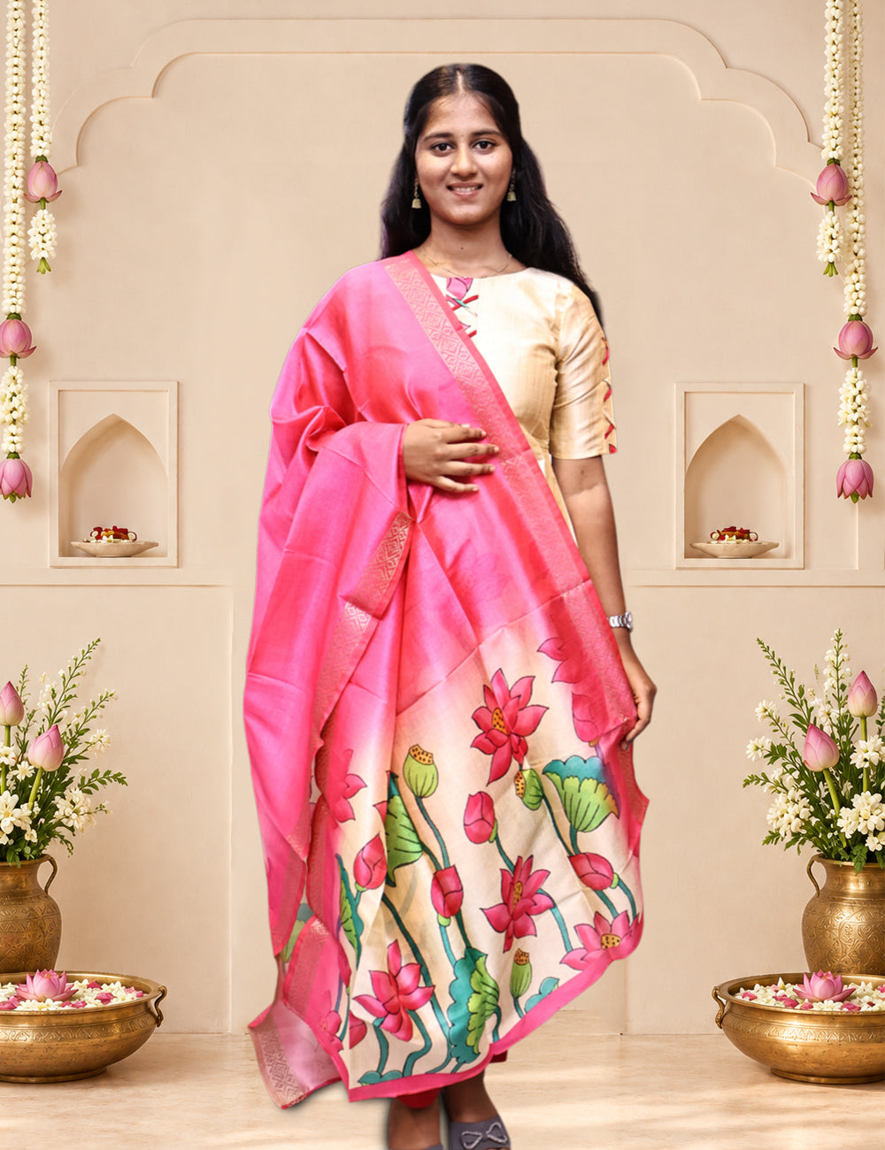 Cream & Pink Floral Silk Kurti 3-Piece Set with Dupatta