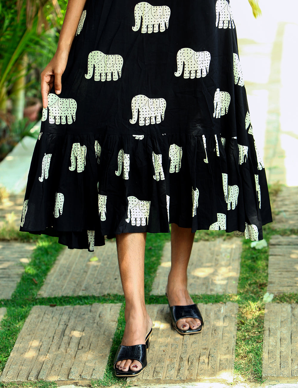 Black Elephant Print Cotton Maxi Dress for Women