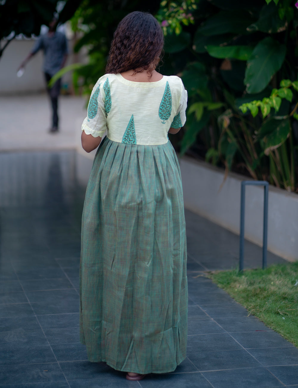 GREEN MELANGE SLUBSILK WITH IVORY CHANDERI SILK ZARA FULL FROCK