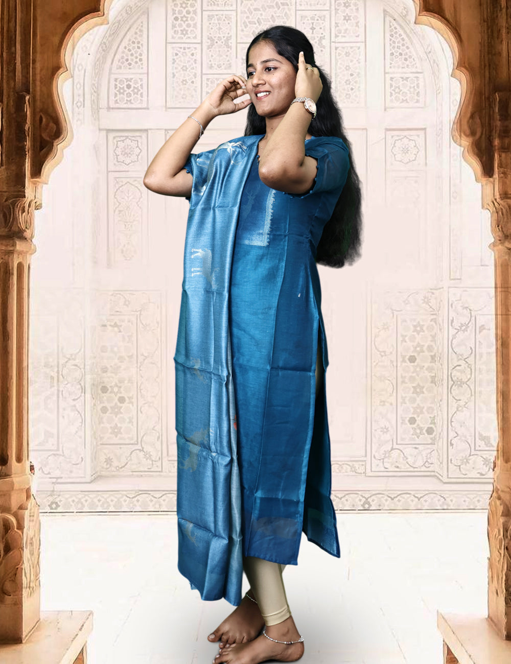 Teal Blue Deer Motif Kurti and Dupatta Set