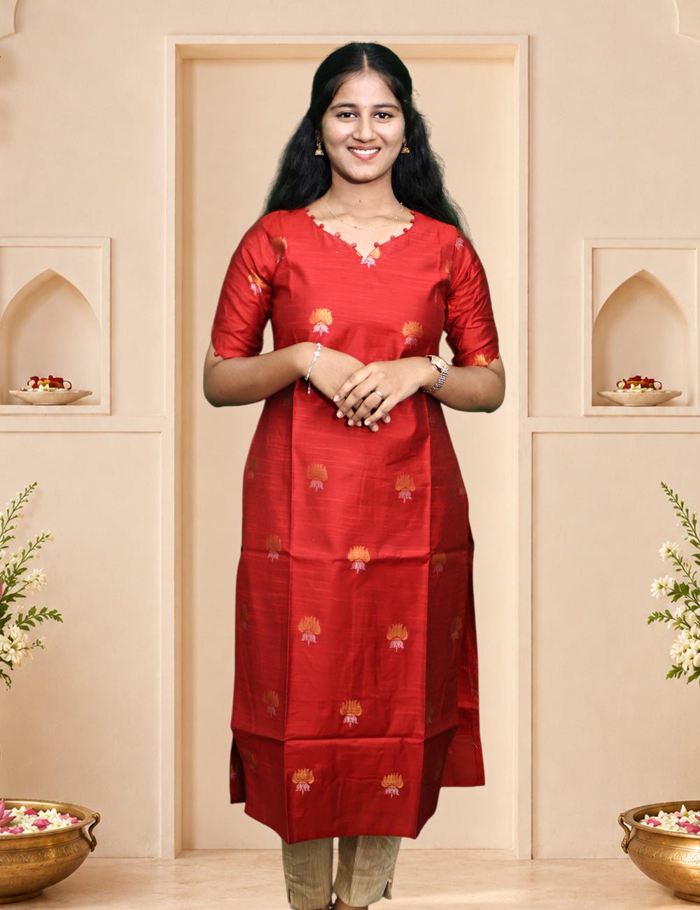 Red Raw Silk Kurti Set with Madhubani Printed Dupatta