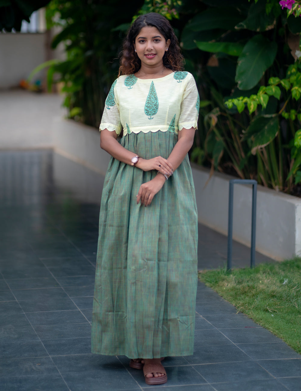 GREEN MELANGE SLUBSILK WITH IVORY CHANDERI SILK ZARA FULL FROCK