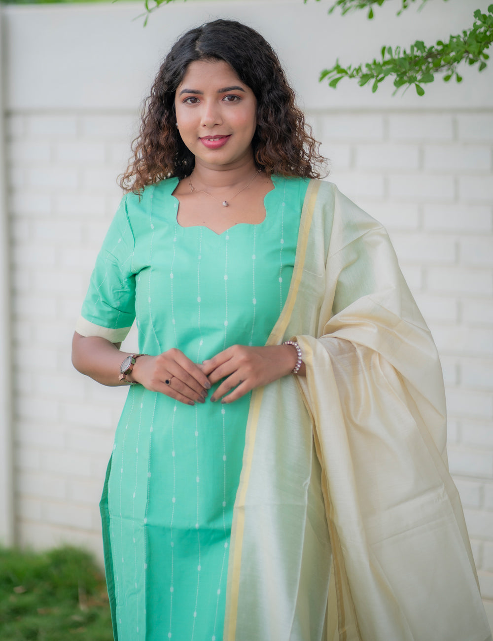 AQUA GREEN RAWSILK INIYA KURTI SET 3 PCS