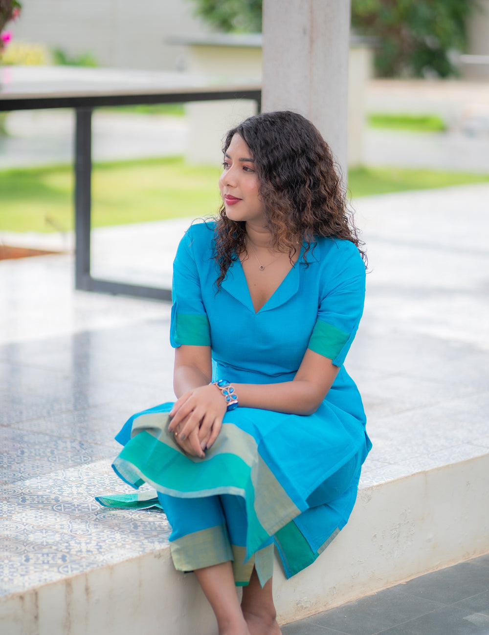 SKYBLUE PLAIN WITH ELEGANT BORDER MAYIL CO-ORD SET 2PC