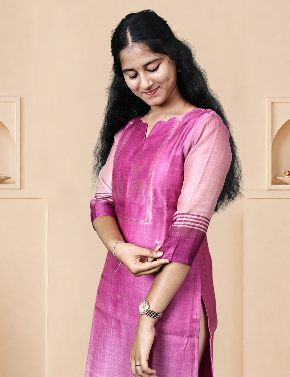 Mauve Deer Motif Kurti & Dupatta Set