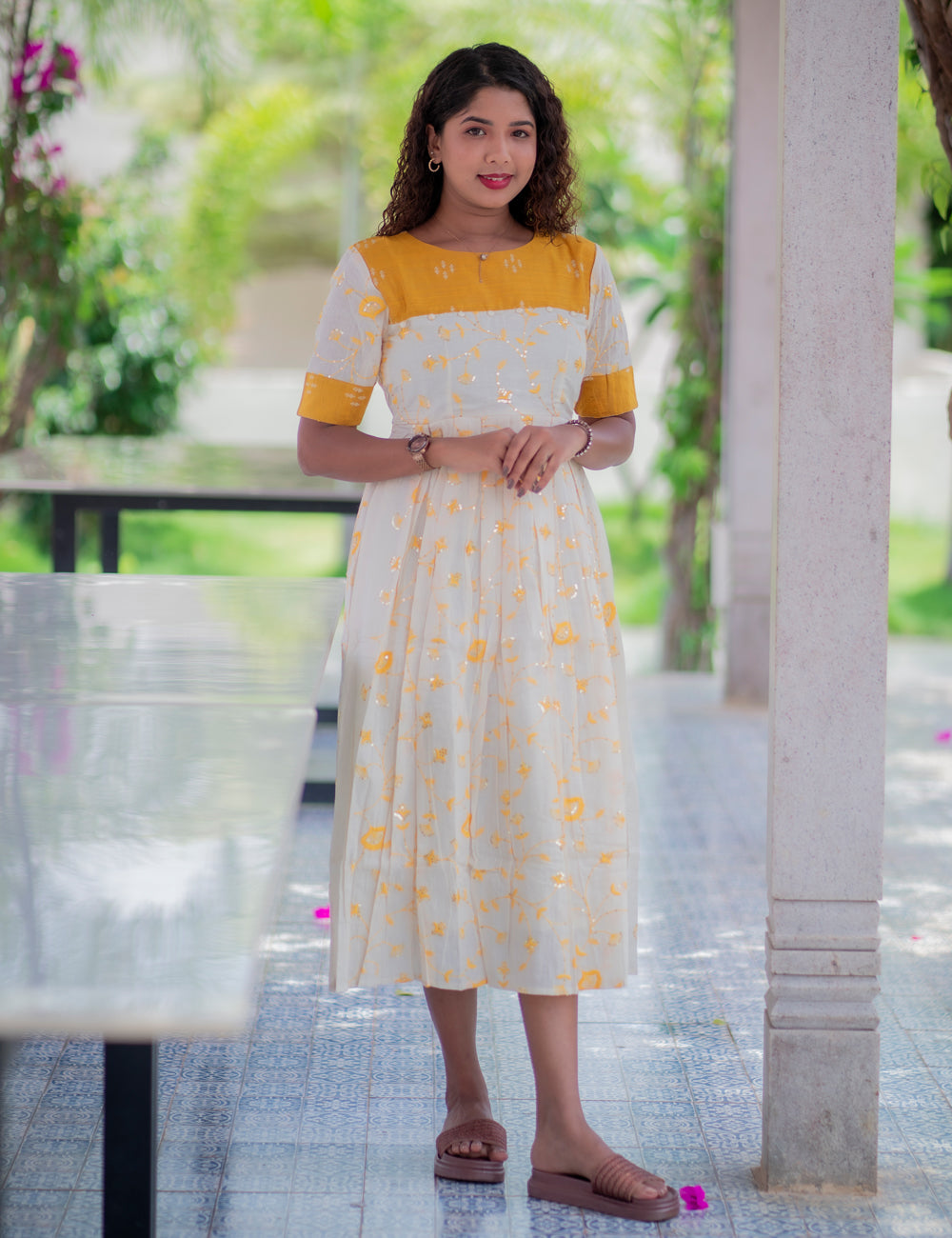 OFFWHITE ALLOVER YELLOW EMBROIDERED WITH MUSTARD RAWSILK OSHNI DRESS