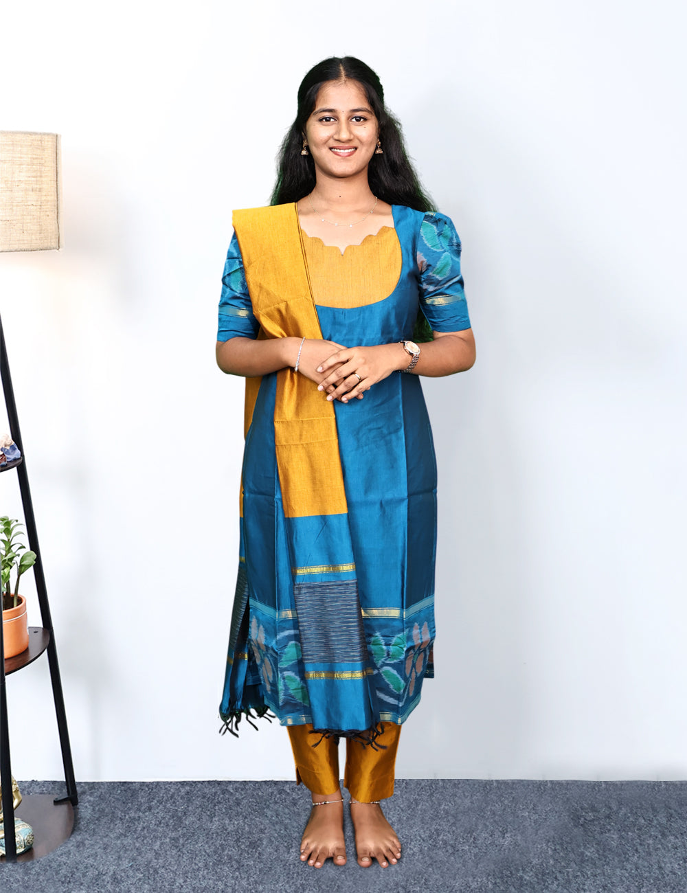 Teal blue Pochampally Siko Silk 3-Piece Kurti Set