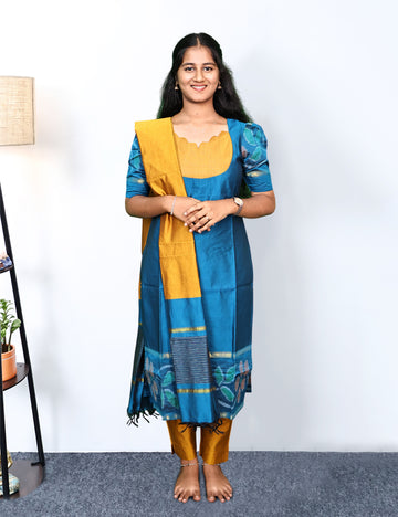 Teal blue Pochampally Siko Silk 3-Piece Kurti Set