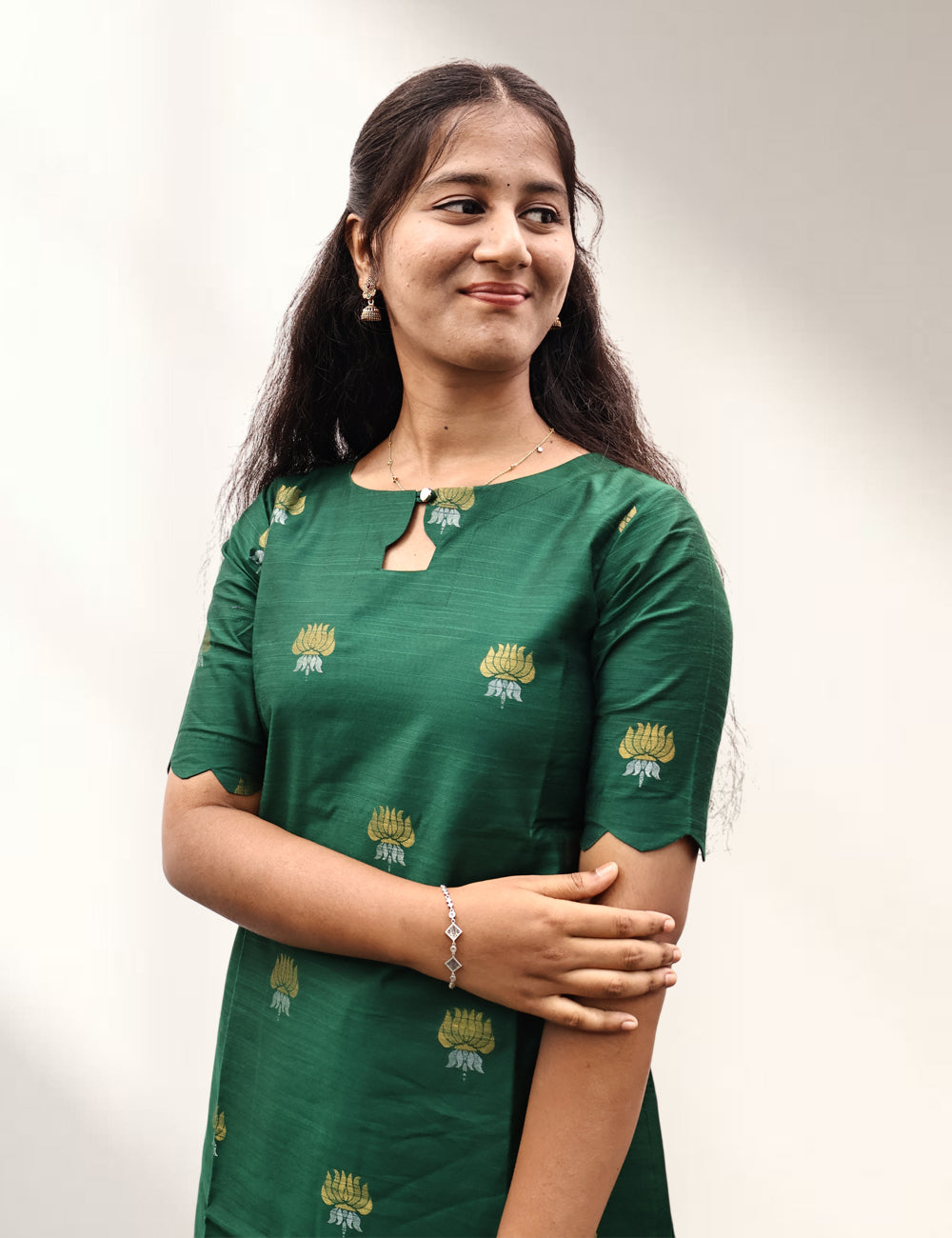 Green Lotus Motif Raw Silk Kurti Set