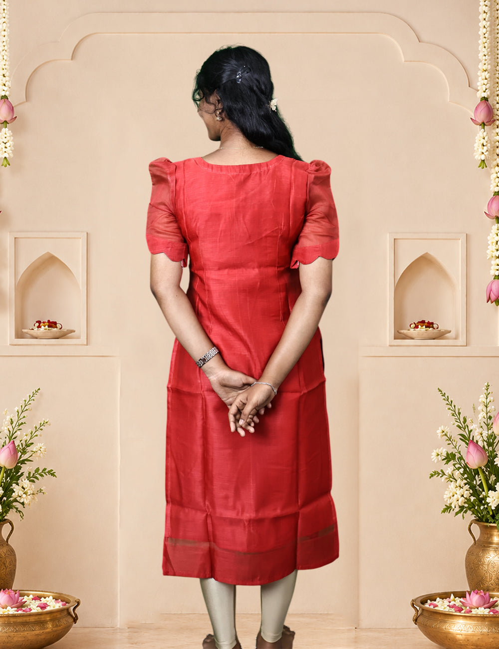 Red Deer Motif Kurti and Dupatta Set