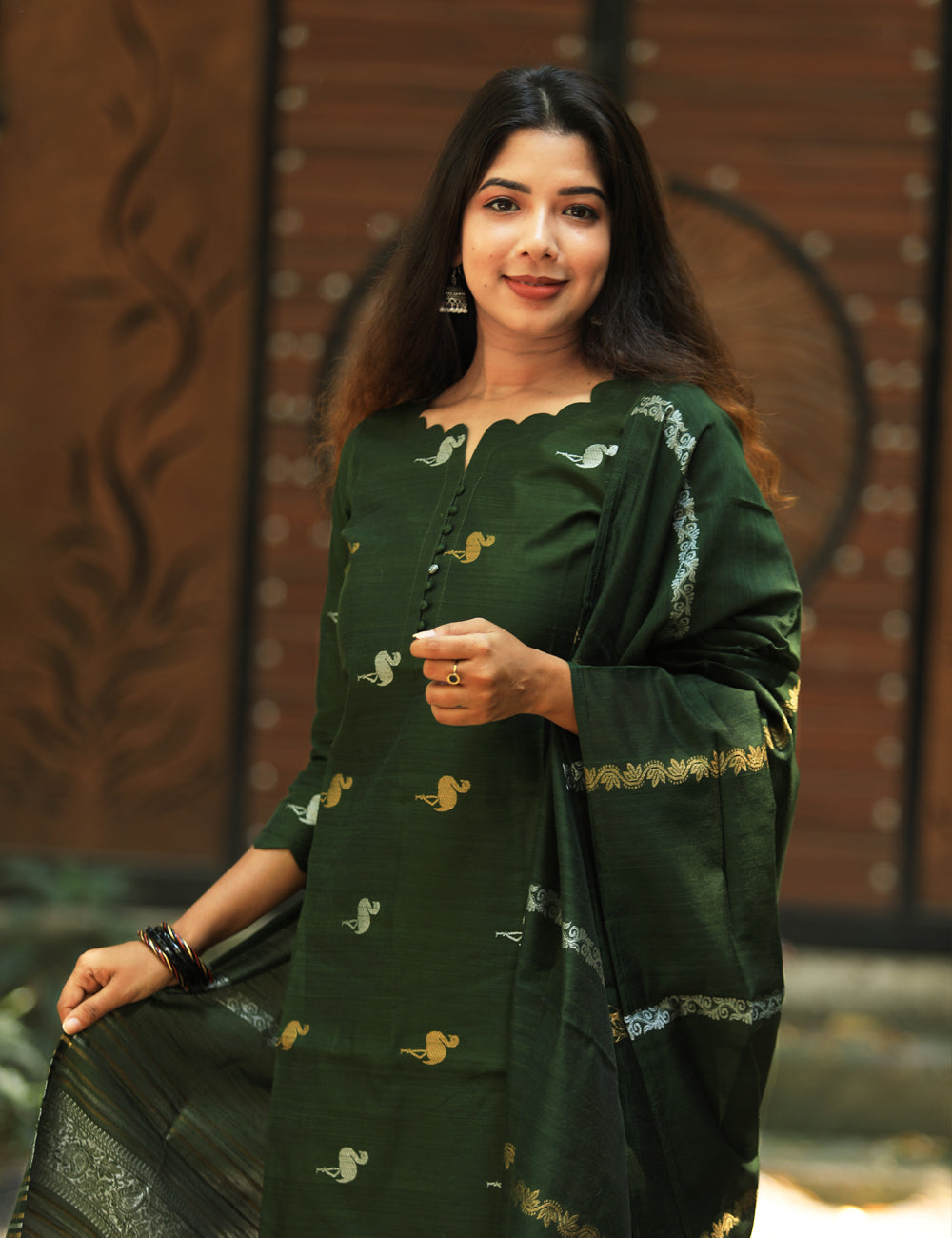 Dark Green Raw Silk Kurti Set with Woven Dupatta