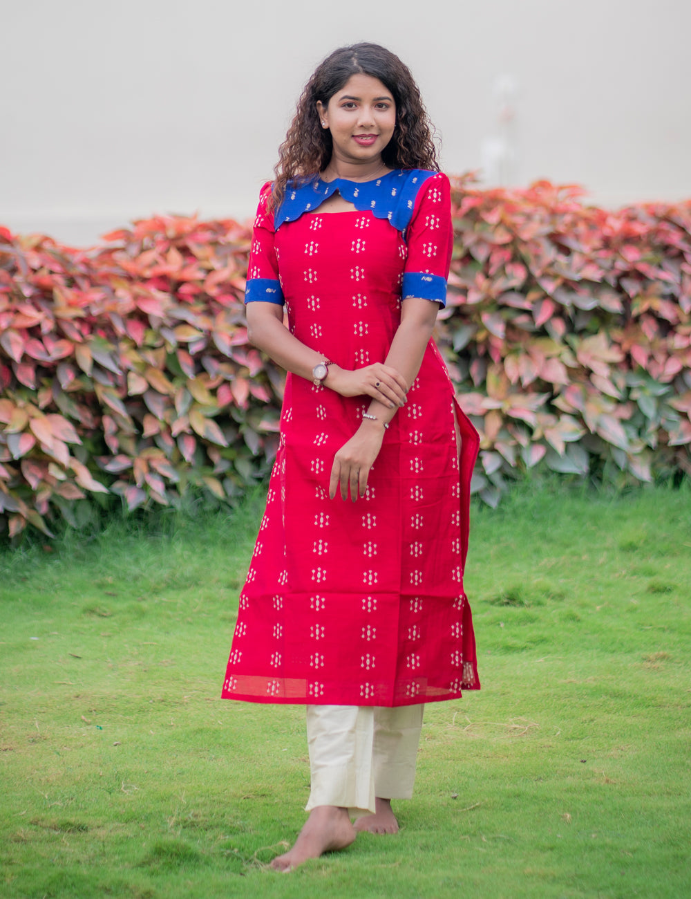 CRIMSON RED WITH ROYAL BLUE RAWSILK LAASYA KURTI SET 2PC
