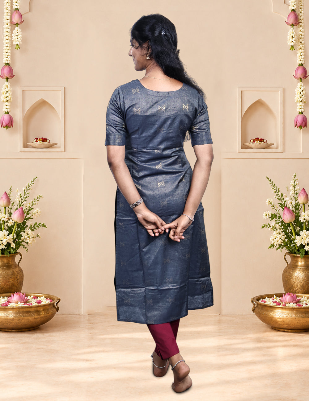 Charcoal / Maroon Tissue Banaras Kurti Set