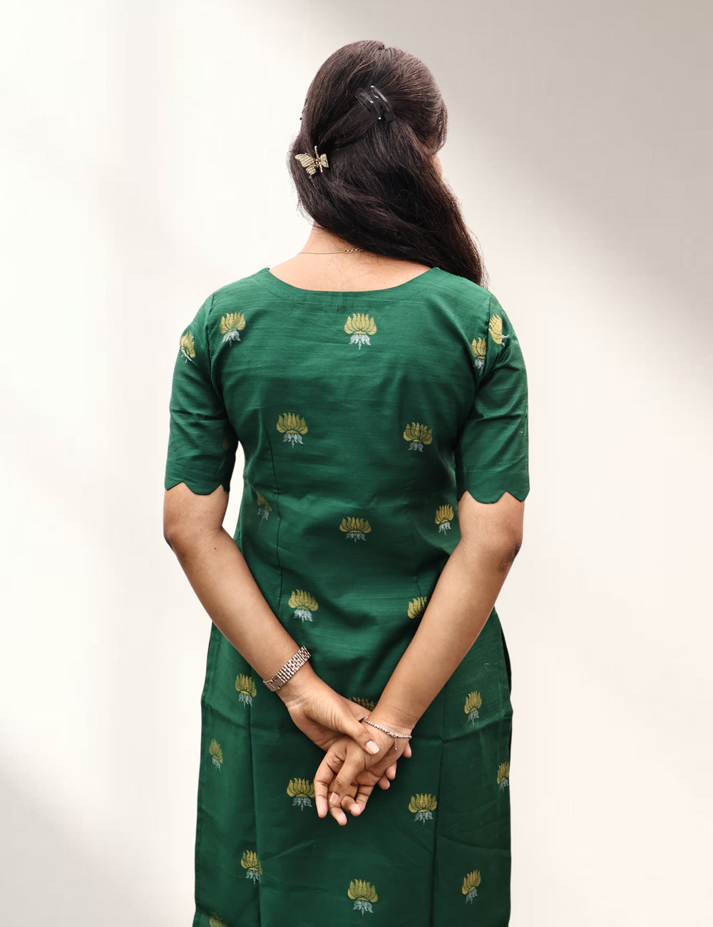 Green Lotus Motif Raw Silk Kurti Set