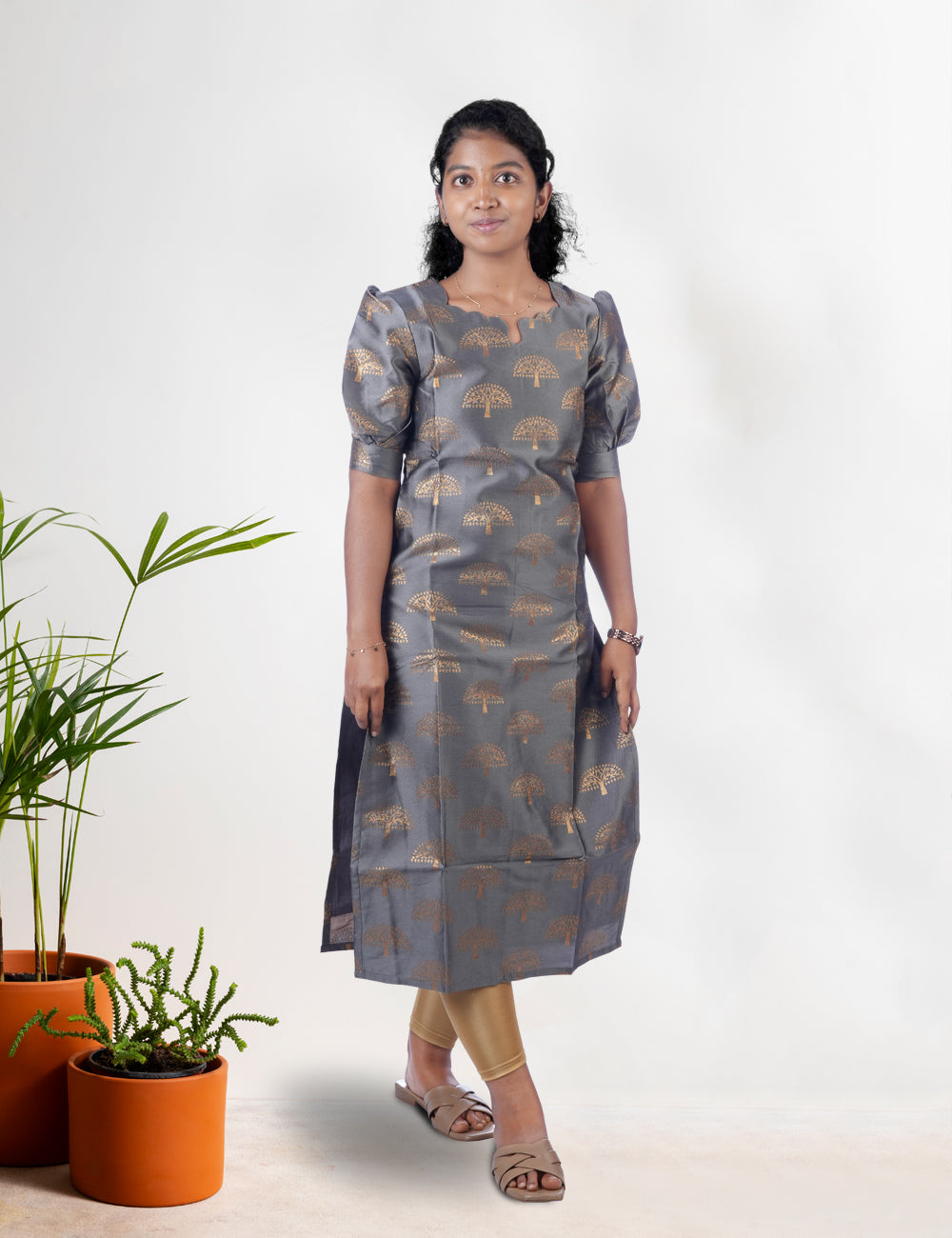 GREY GOLDEN ZARI TREE KURTI