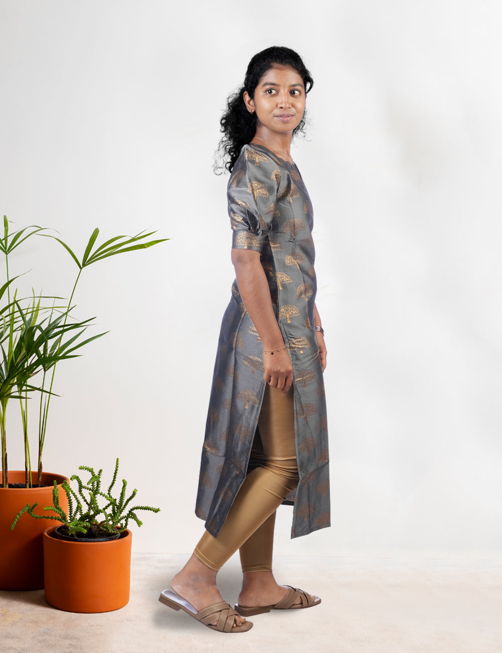 GREY GOLDEN ZARI TREE KURTI