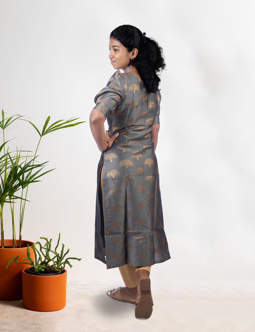 GREY GOLDEN ZARI TREE KURTI