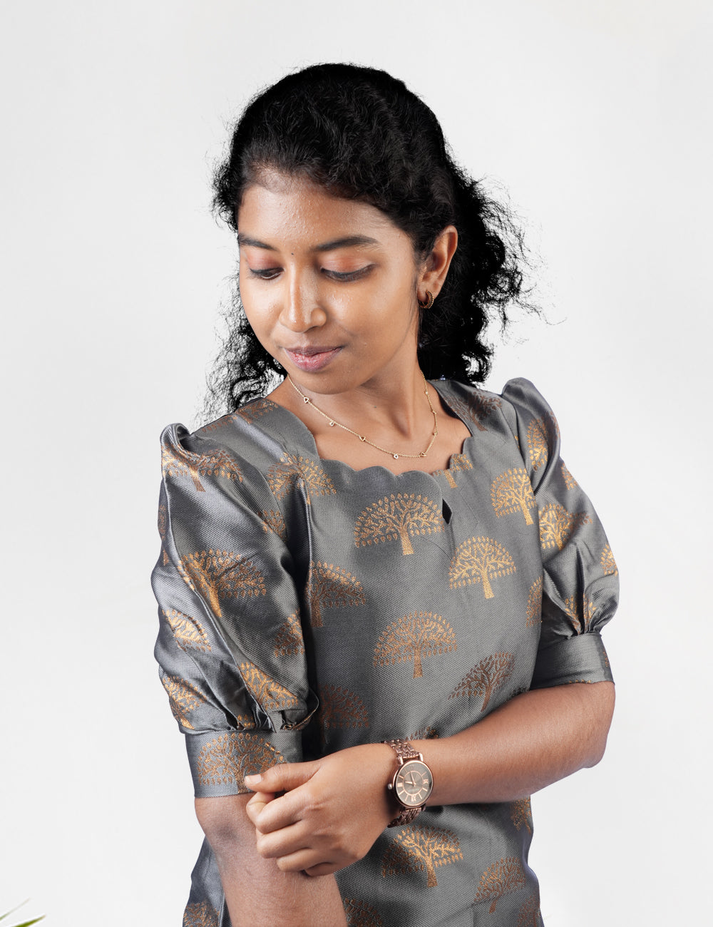 GREY GOLDEN ZARI TREE KURTI