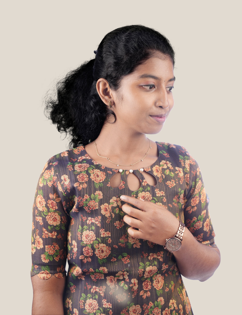 BROWN TISSUE FLORAL PRINT KURTI