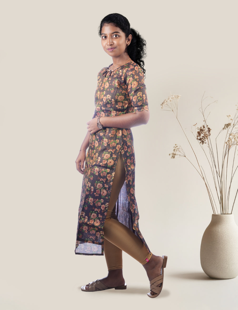 BROWN TISSUE FLORAL PRINT KURTI