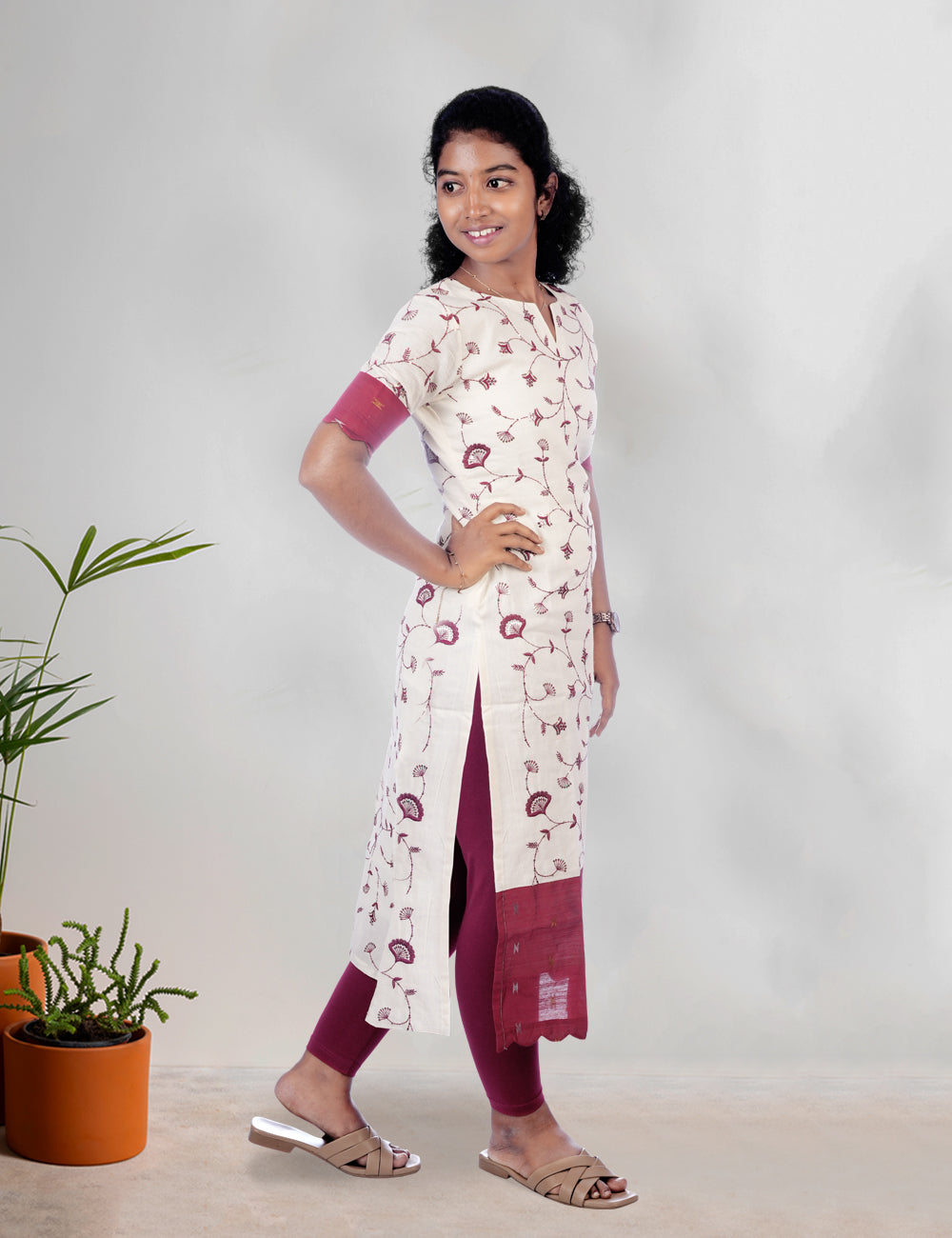 OFF-WHITE WITH MARRON EMBROIDERED TISHA ETHNIC KURTI