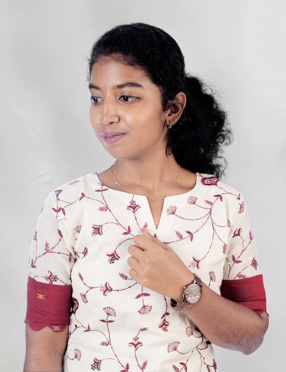 OFF-WHITE WITH MARRON EMBROIDERED TISHA ETHNIC KURTI