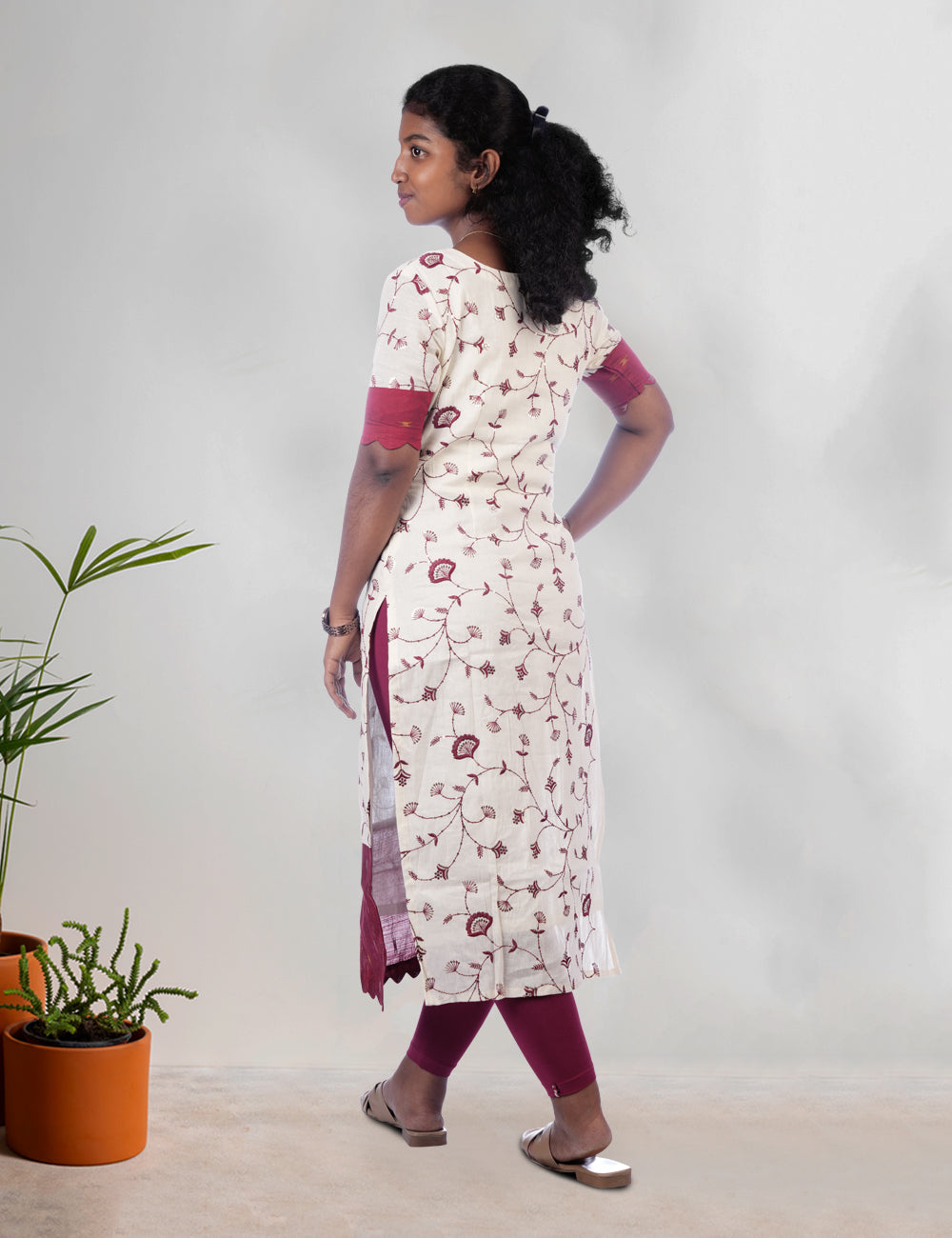OFF-WHITE WITH MARRON EMBROIDERED TISHA ETHNIC KURTI