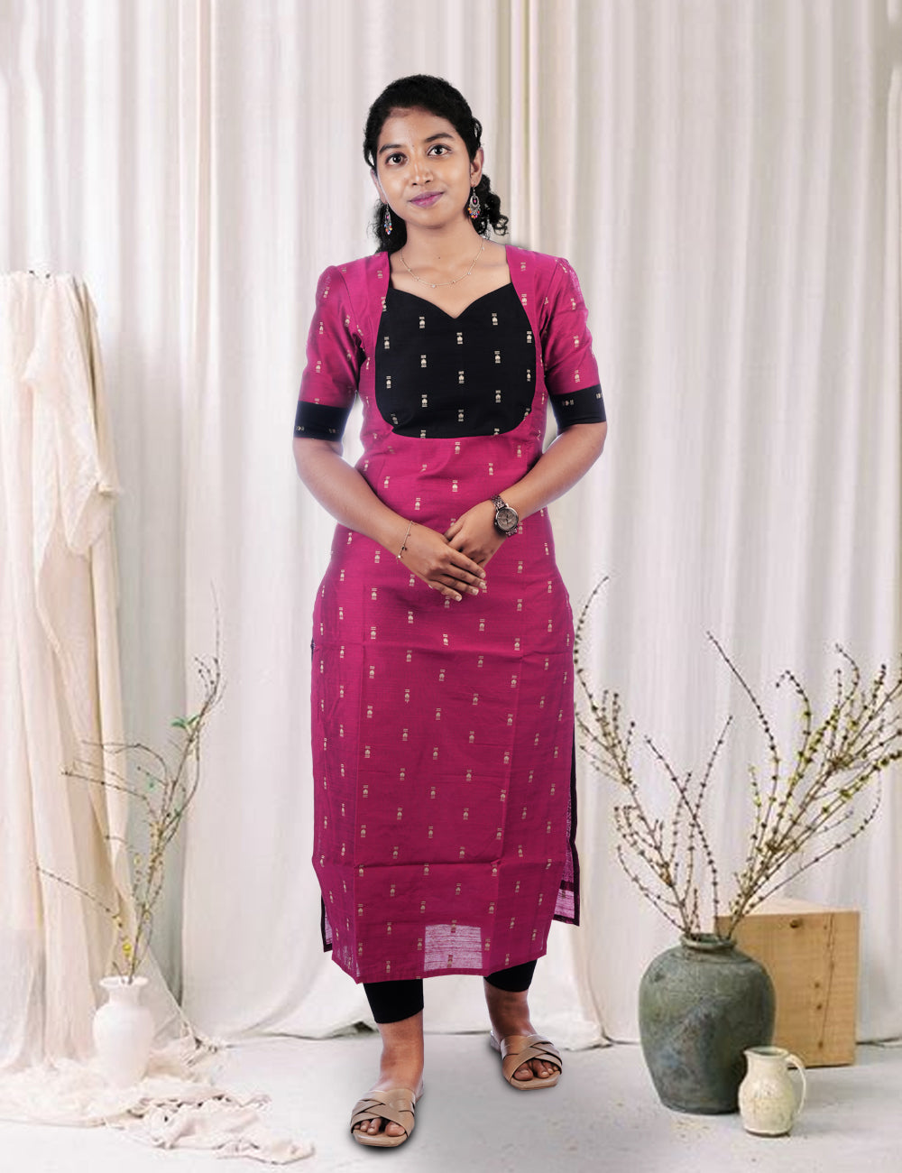 PINK WITH BLACK SHARVI RAW SILK ELEGANCE KURTA