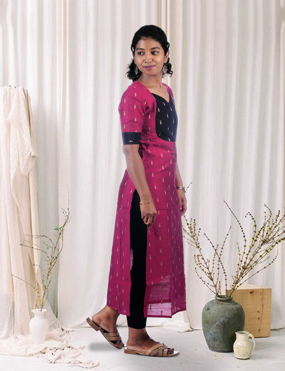 PINK WITH BLACK SHARVI RAW SILK ELEGANCE KURTA