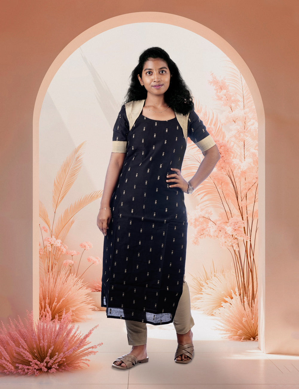 BLACK WITH GOLD RAW SILK KIARA ETHNIC KURTA SET 3PC