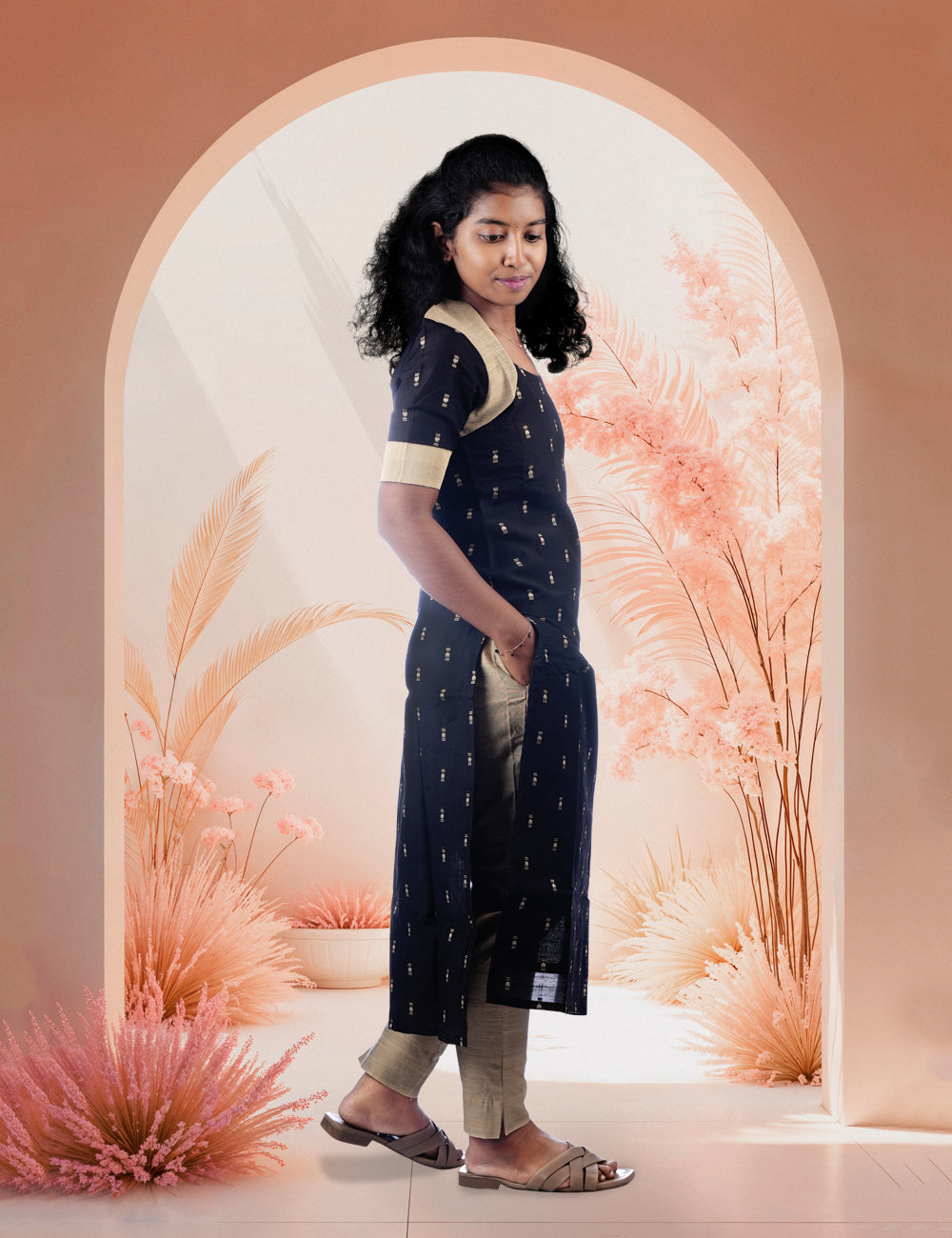 BLACK WITH GOLD RAW SILK KIARA ETHNIC KURTA SET 3PC