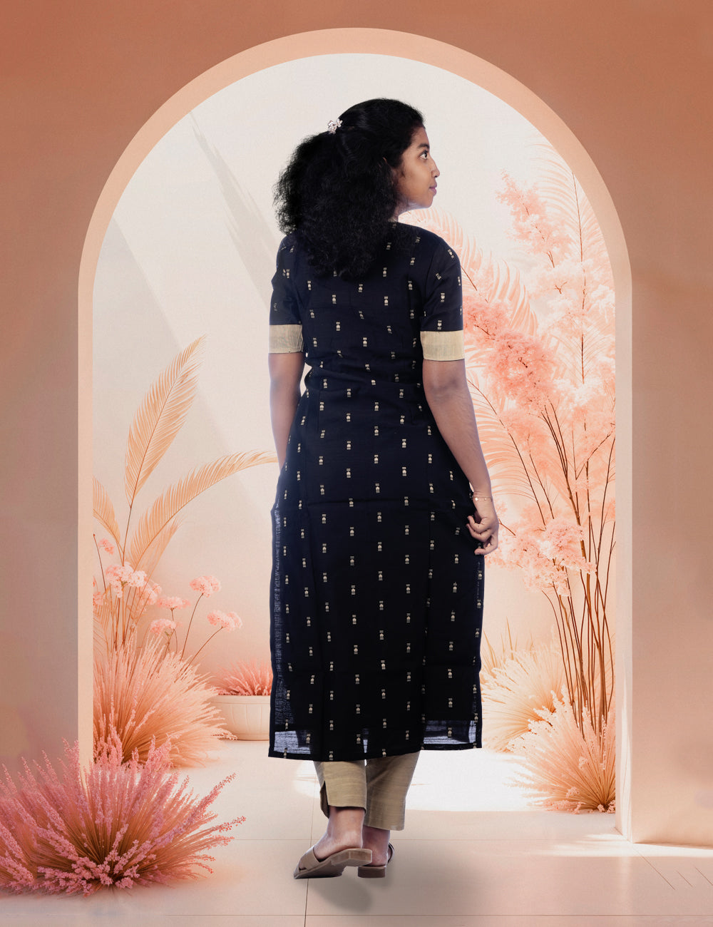 BLACK WITH GOLD RAW SILK KIARA ETHNIC KURTA SET 3PC