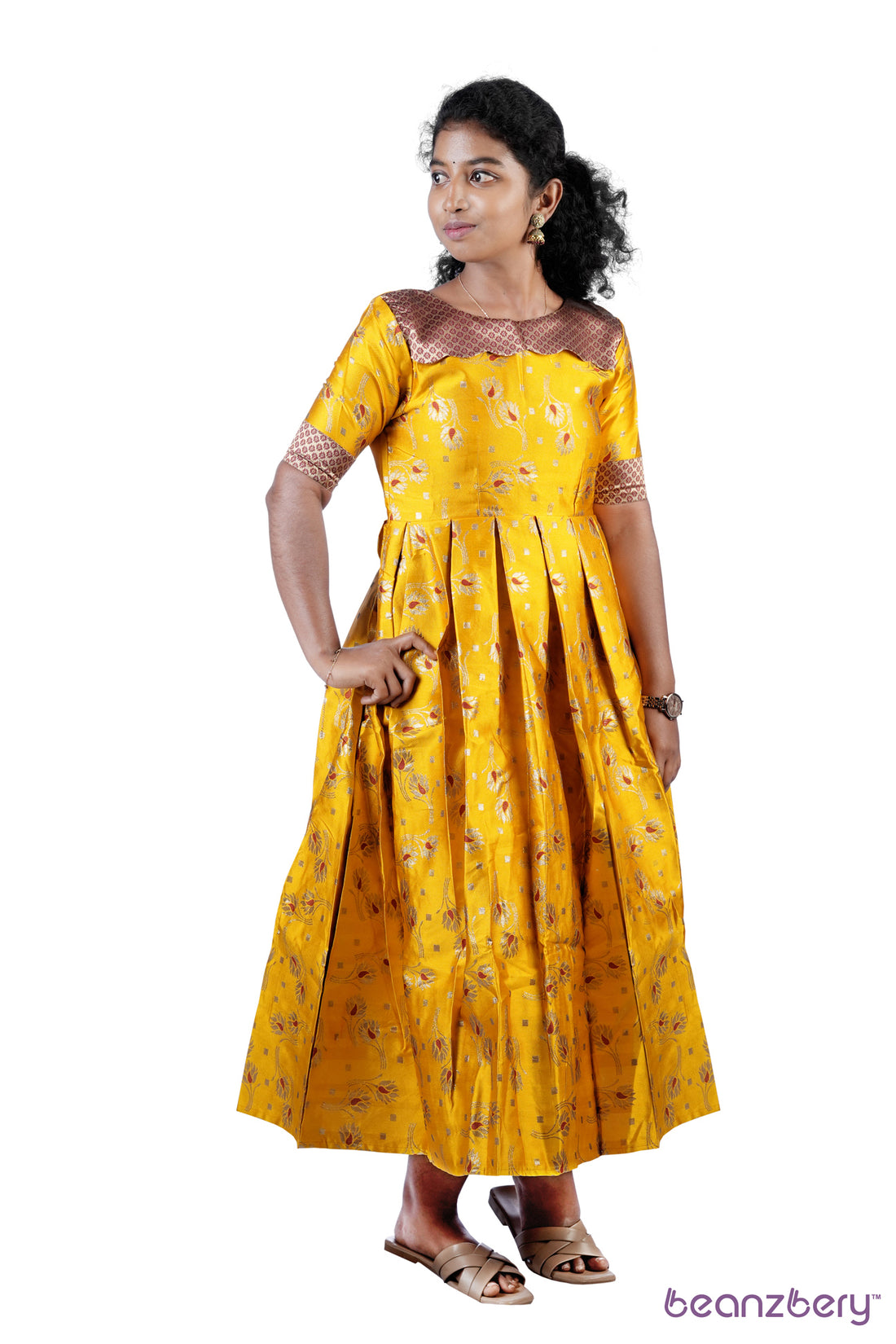 YELLOW WITH MAROON BANARASI SILK DHIYAA DRESS