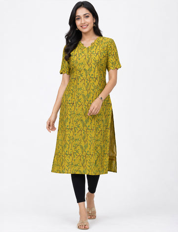 MEHANDI GREEN CHANDERI FLORAL KURTI