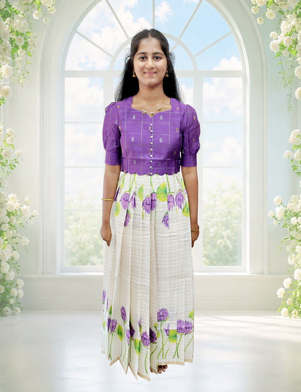 Purple Raw Silk Top & Floral Skirt Ethnic Set