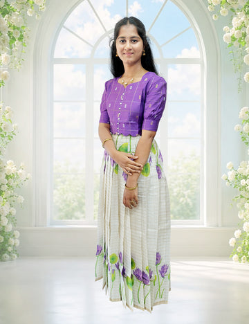 Purple Raw Silk Top & Floral Skirt Ethnic Set