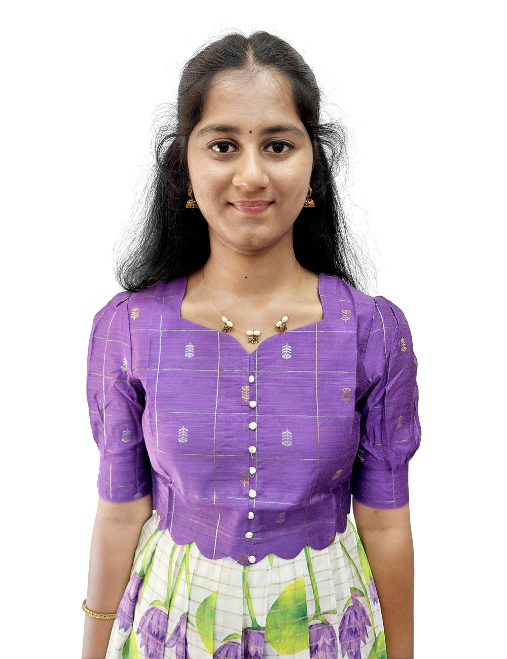 Purple Raw Silk Top & Floral Skirt Ethnic Set