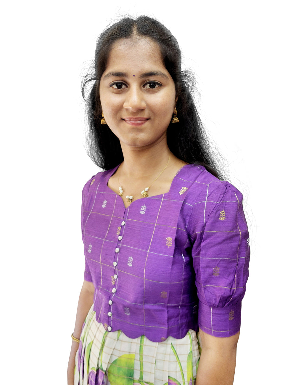 Purple Raw Silk Top & Floral Skirt Ethnic Set