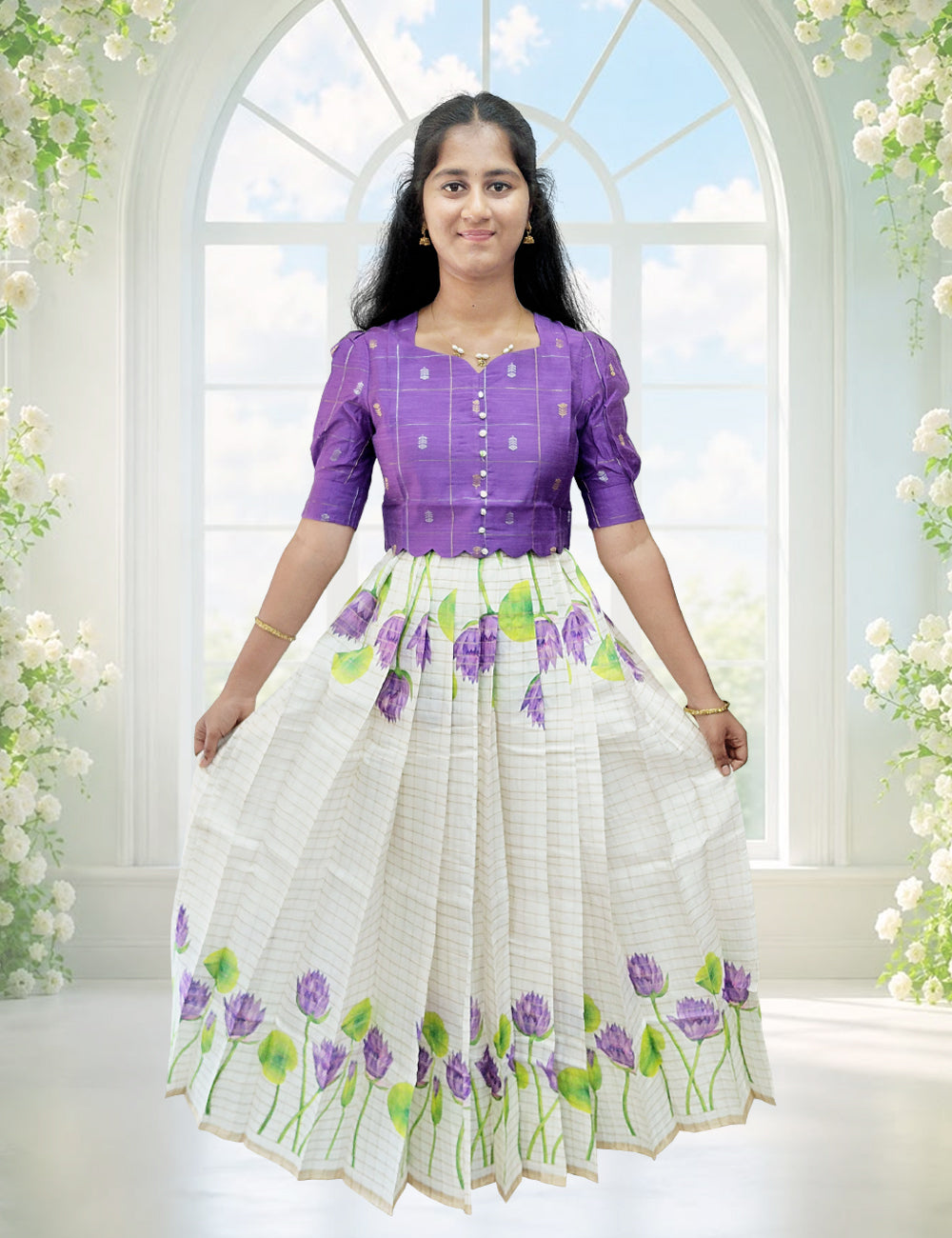 Purple Raw Silk Top & Floral Skirt Ethnic Set