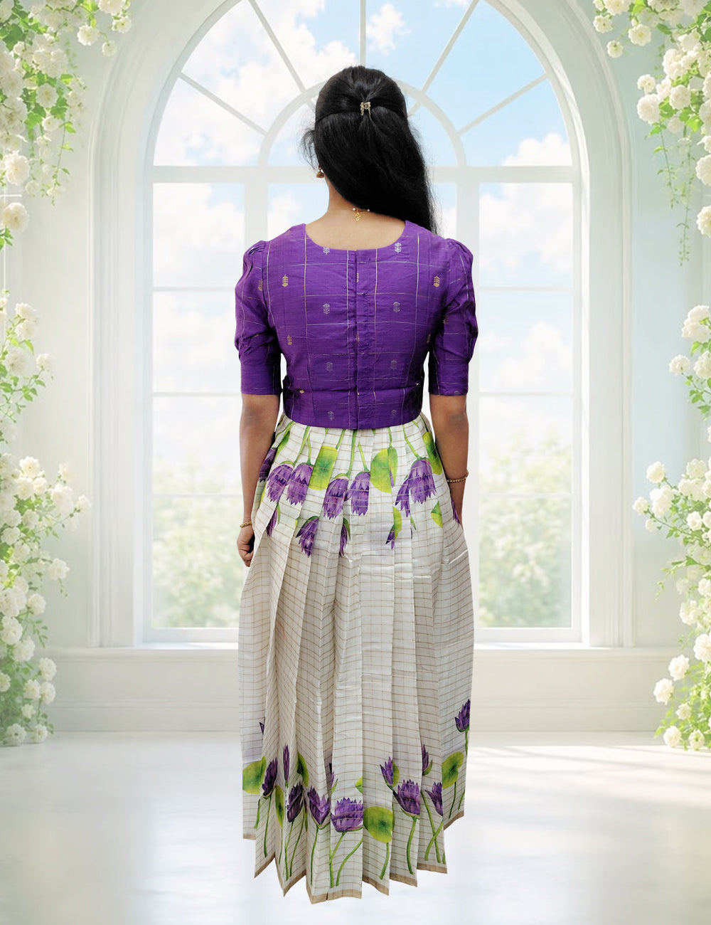 Purple Raw Silk Top & Floral Skirt Ethnic Set