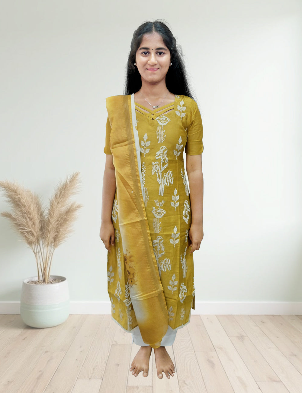 Mustard Floral Embroidered 3-Piece Kurti Set